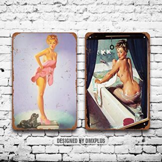 8 x 12 Inches Set of 2 Metal Sign  Tin Signs  - Bathroom Sexy Pinup Girl Vintage Look Wall Decoration Home Decor