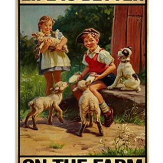 Children and Sheep Life is Better On The Farm Retro Metal Tin Sign Vintage Sign 8x12 Inch